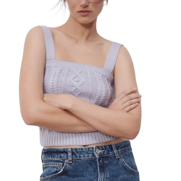 ZARA: NWT Cable Knit Light Purple Violet Crop Top  - Size Small - Picture 2 of 13